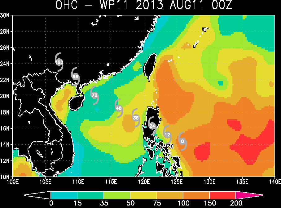 Ocean Heat Content, Contenido de Calor Oceánico, 11.08.13, 00 UTC. Crédito: RAMMB/CIRA.