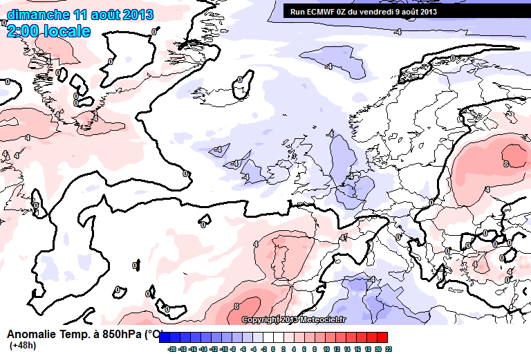 Anomalía de temperatura a 850 hPa prevista para el 11.08.13, 00 UTC. Modelo ECMWF.