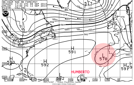 Campo de isohipsas a 500 hPa para el Atlántico Norte, previsto para el 12.09.13, 12 UTC. Crédito: NOAA/OPC.