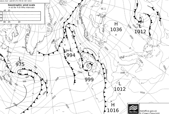 Análisis de superficie para el Atlántico Norte y Europa. Modelo UKMO-Bracknell, 04.10.13, 00 UTC.