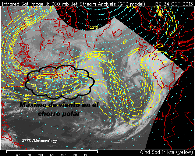 Imagen IR y Corriente en Chorro Polar, 24.10.13, 12 UTC.