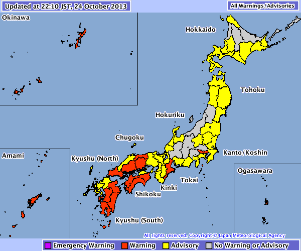 Avisos y advertencias por fenómenos meteorológicos adversos en Japón. Crédito: Agencia Meteorológica Japonesa.