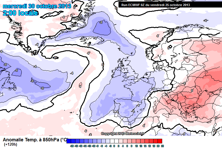 Anomalías de temperatura a 850 hPa, previstas para el 30.10.13, 00 UTC. Modelo ECMWF.