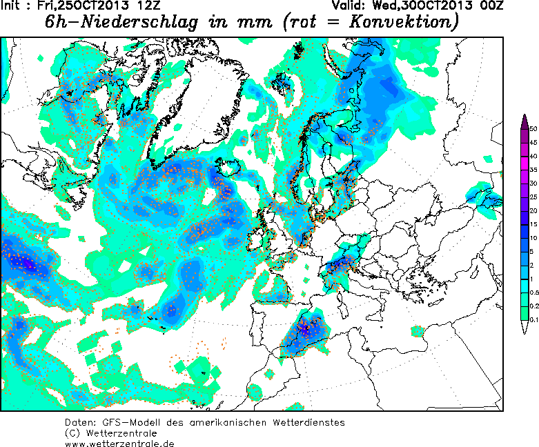 Precipitaciones acumuladas en 6 horas, previstas para el 30.10.13, 00 UTC. Modelo GFS.
