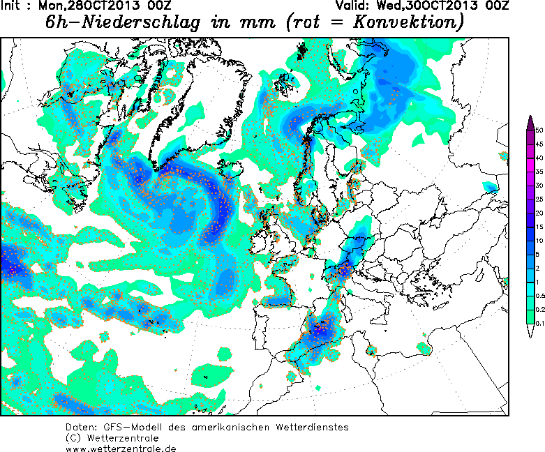Precipitaciones acumuladas en 6 horas. Previsión para el 30.10.13, 00 UTC. Modelo GFS.