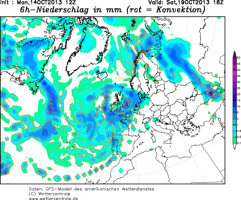 Precipitación acumulada en las 6 horas anteriores a la indicada: 19.10.13, 18 UTC. Modelo GFS.