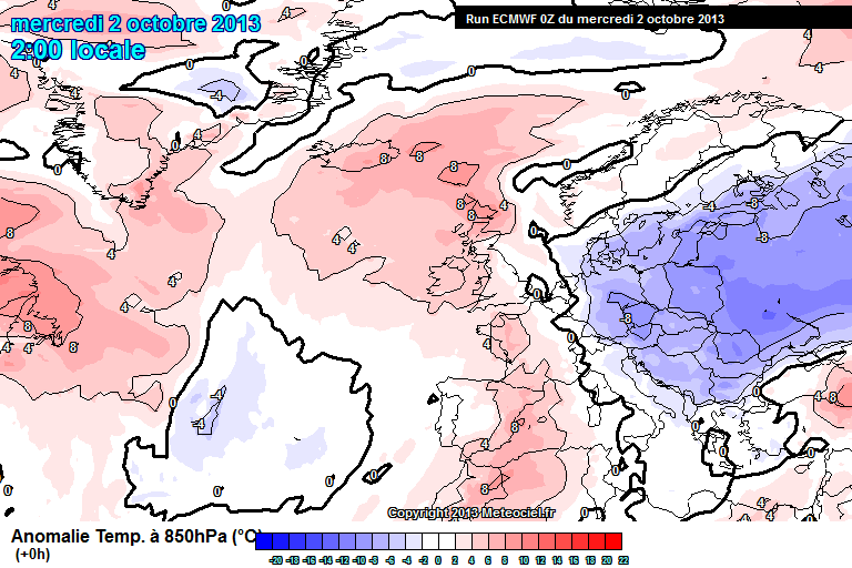 Anomalía de temperatura a 850 hPa según el modelo ECMWF, 02.10.13, 00 UTC.