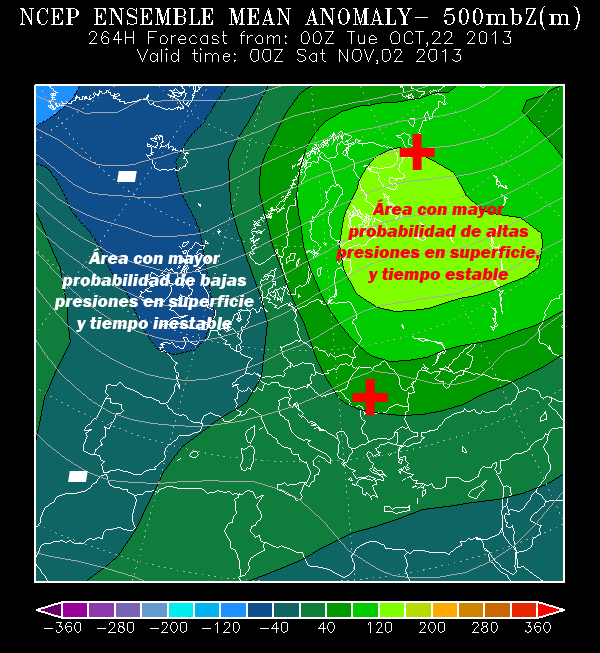 Previsión de anomalías de altura geopotencial de 500 hPa, para el 02.11.13, 00 UTC.