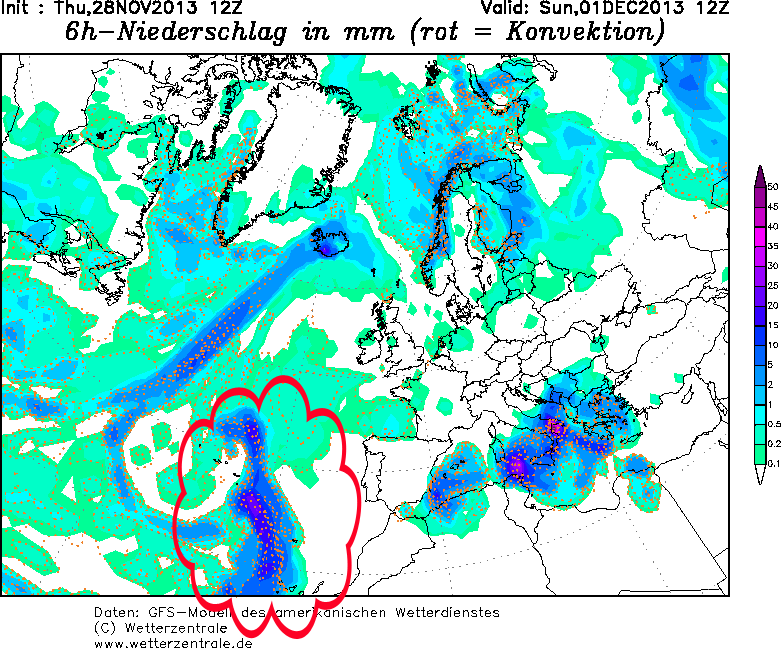 Precipitación acumulada en las 6 horas anteriores al 01.12.13, 12 UTC. Modelo GFS.
