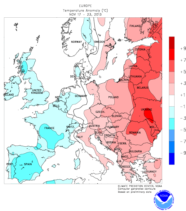 Anomalías de temperatura, periodo 17 a 23 de noviembre.