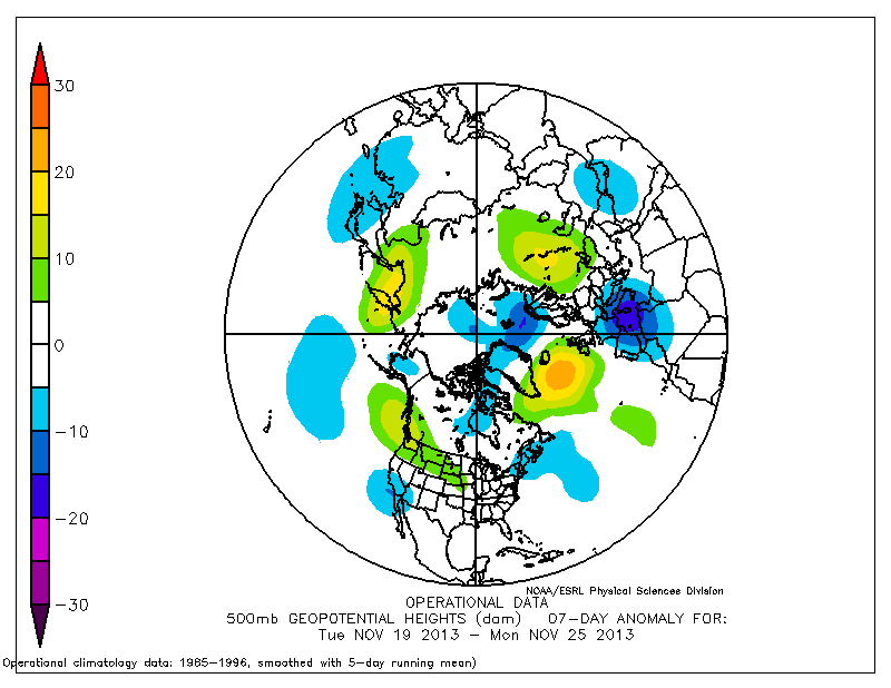 Anomalías de altura geopotencial a 500 hPa para el periodo 19 a 25 de noviembre, según NOAA/ESRL.