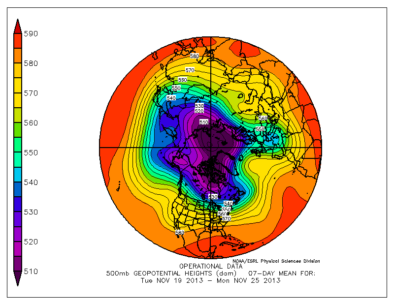 Altura geopotencial media a 500 hPa para el periodo 19 - 25 de noviembre, según NOAA/ESRL.