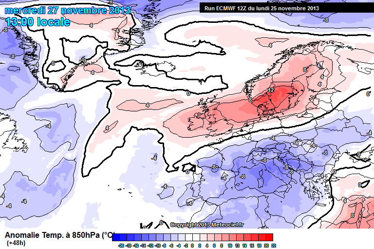 Anomalías de temperatura a 850 hPa previstas para el 27.11.13, 12 UTC. Modelo ECMWF.