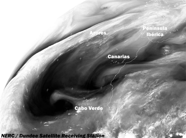 Imagen de vapor de agua sobre el Atlántico Norte, 01.11.13, 09 UTC.