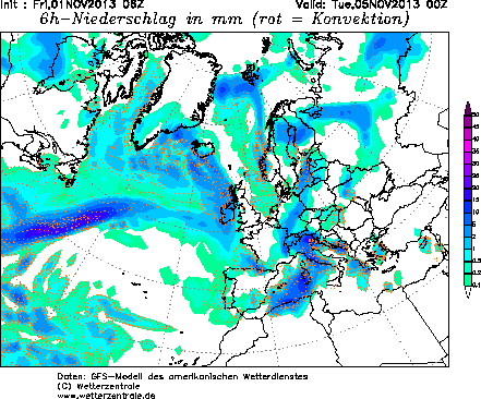 Precipitaciones acumuladas en las 6 horas anteriores al 05.11.13, 00 UTC. Modelo GFS.