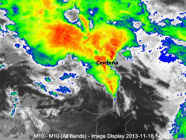 Imagen infrarroja y realce en RGB de las tormentas severas, 18.11.13, 14 UTC.