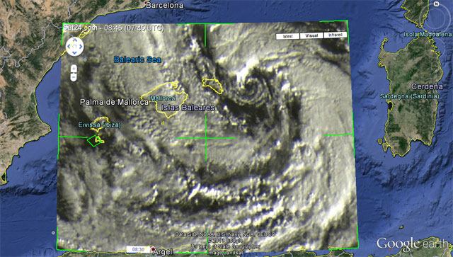 Imagen visible del ciclón mediterráneo superpuesta en Google Earth.
