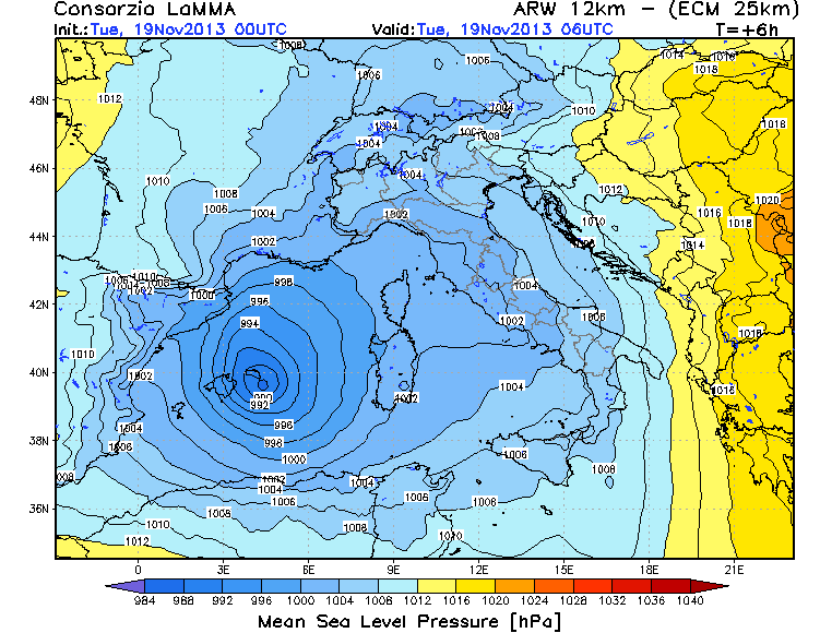 Campo de presión media a nivel del mar, 19.11.13, 06 UTC. Modelo WRF-ARW ACM.