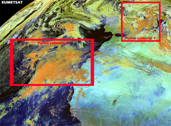 Imagen visible y falso color RGB, puntos calientes en España