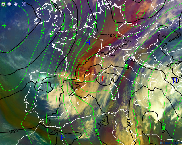Análisis atmosférico del entorno sinóptico, 30.11.13, 12 UTC. Crédito: eumetrain.