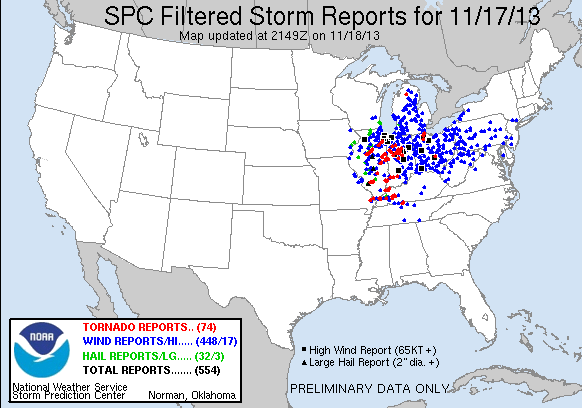 Reportes de fenómenos severos asociados a las tormentas de ayer. Crédito: SPC.