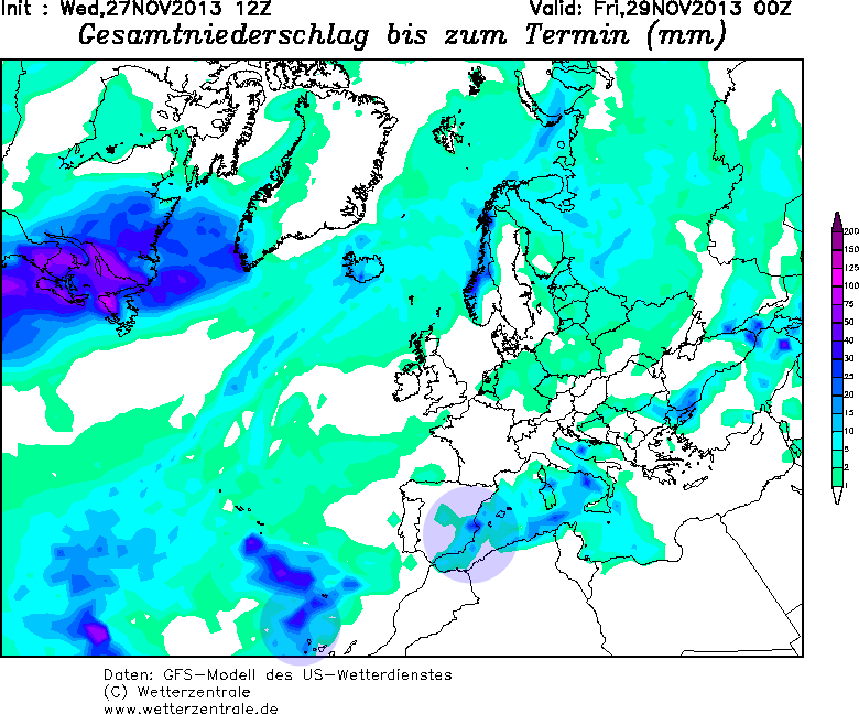 Precipitación acumulada desde hoy a las 12 UTC hasta el 29.11.13, 00 UTC. Modelo GFS.