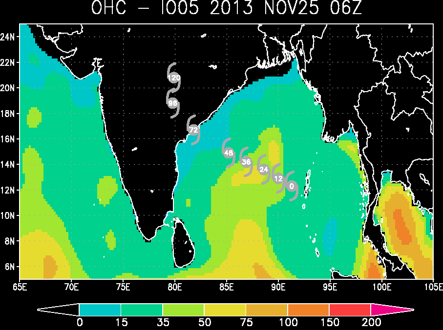 Ocean Heat Content, Contenido de Calor Oceánico, 25.11.13, 06 UTC. Crédito: RAMMB/CIRA.
