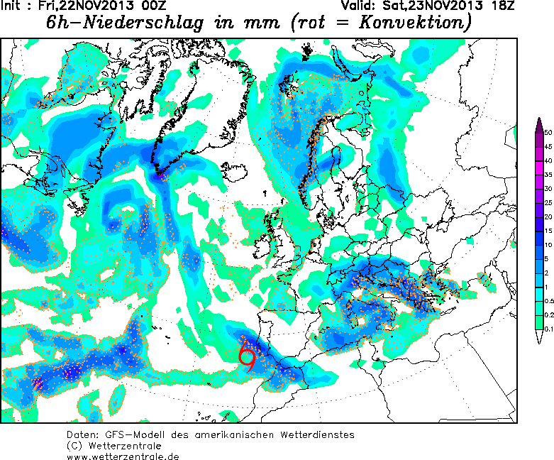 Precipitación acumulada en las 6 h anteriores a 23.11.13, 18 UTC, modelo GFS.