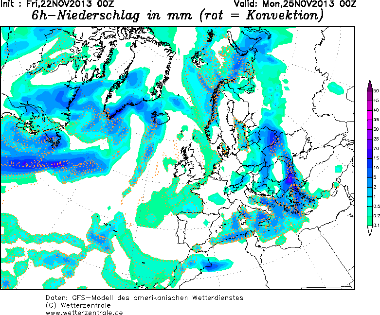 Precipitación acumulada en las 6h anteriores a 25.11.13, 00 UTC. Modelo GFS.