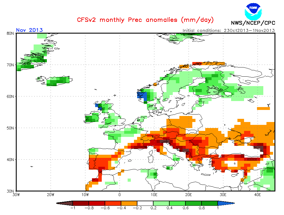 Anomalía de precipitación prevista para noviembre. Modelo CFS. Crédito: NOAA.