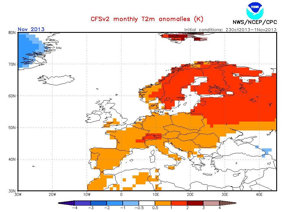 Anomalía de temperatura prevista para noviembre. Modelo CFS.