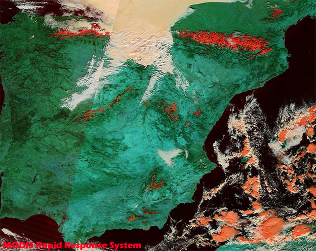 Superficies nevadas, vistas a través del satélite TERRA (sensor MODIS), hoy.
