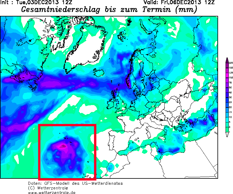 Precipitación acumulada desde hoy a las 12 UTC hasta el 06.12.13, 12 UTC. Modelo GFS.