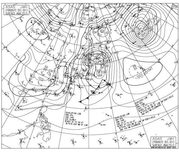 Análisis de superficie sobre el Océano Pacífico Noroeste, 27.12.13, 06 UTC. Crédito: Agencia Meteorológica Japonesa.