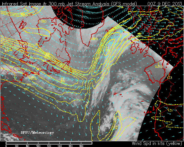 Imagen infrarroja y Chorro Polar, 00 UTC de hoy.