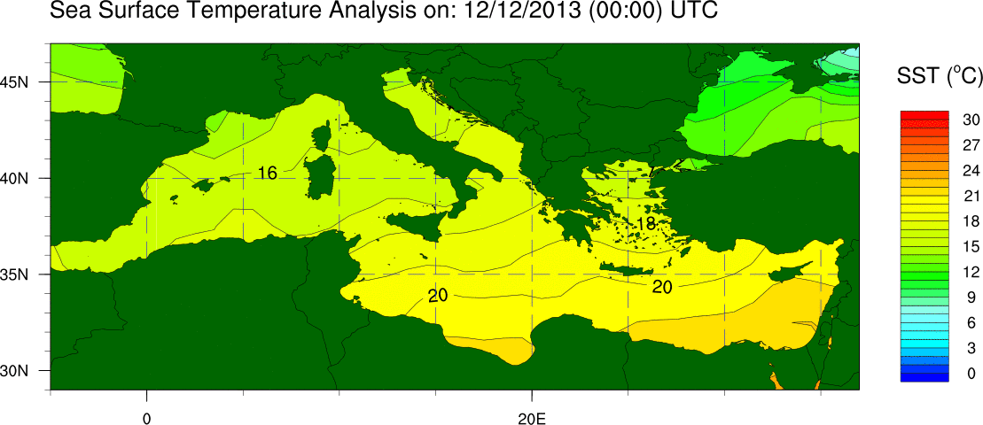 Temperatura de las Aguas Superficiales del Mediterráneo. Crédito: Global Sailing Weather.