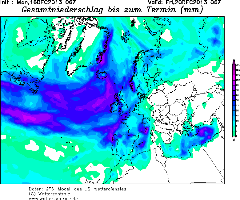 Precipitaciones acumuladas previstas a las 6 h anteriores al 22.01.14, 00 UTC. Modelo GFS.