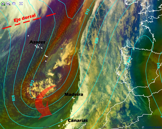 Análisis atmosférico del entorno sinóptico, 11.12.13, 12 UTC. Crédito: eumetrain.