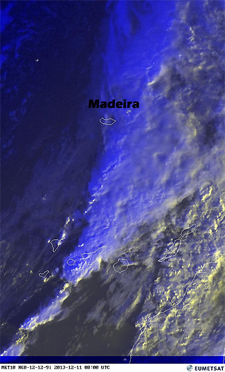 Imagen visible y falso color RGB de las tormentas que azotaban Tenerife esta mañana.