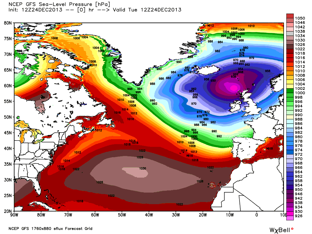 Análisis de superficie para el Atlántico Norte, 24.12.13, 12 UTC. Modelo GFS.