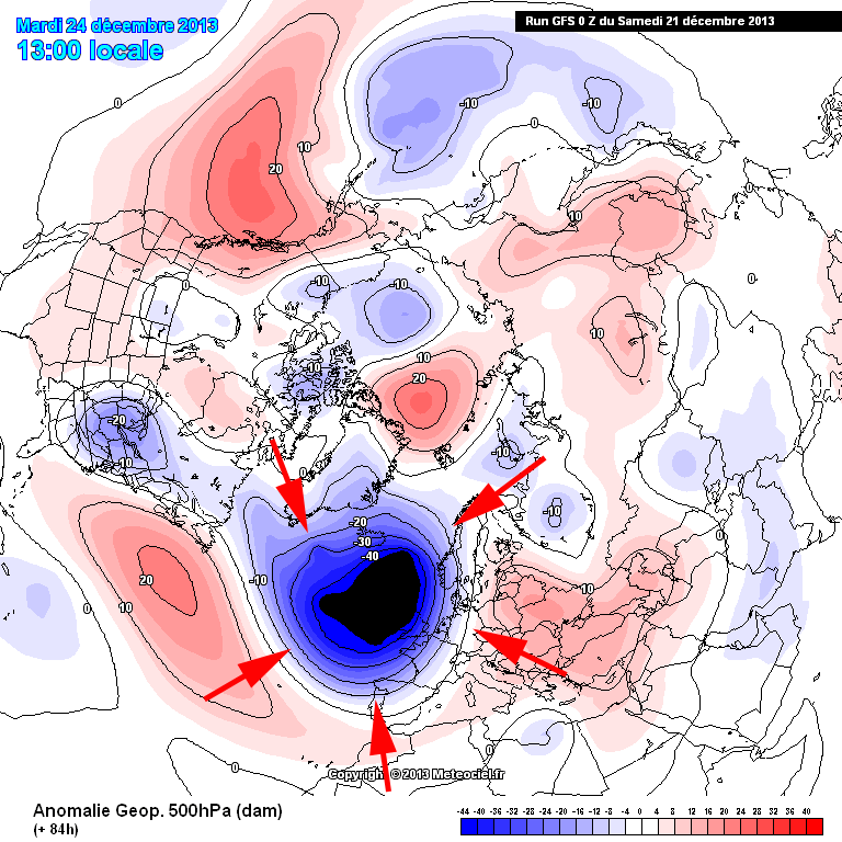 Anomalía de altura geopotencial a 500 hPa dentro de todo el Hemisferio Norte. Modelo GFS.