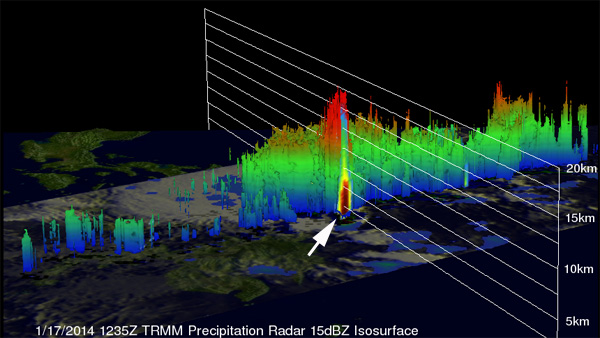 Visión de radar 3D (tridimensional) de Agaton, por el TRMM.