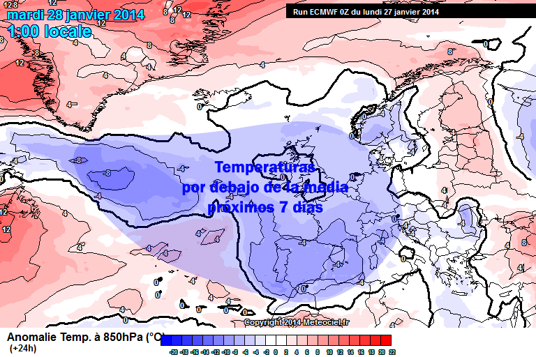 Anomalía de temperatura a 850 hPa prevista para el 28 de enero a las 00, modelo IFS.