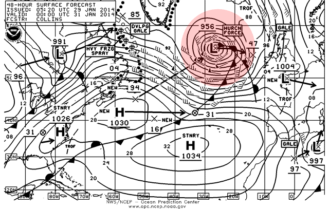 Análisis de superficie previsto para las 00 UTC del 31 de enero. Crédito: OPC.