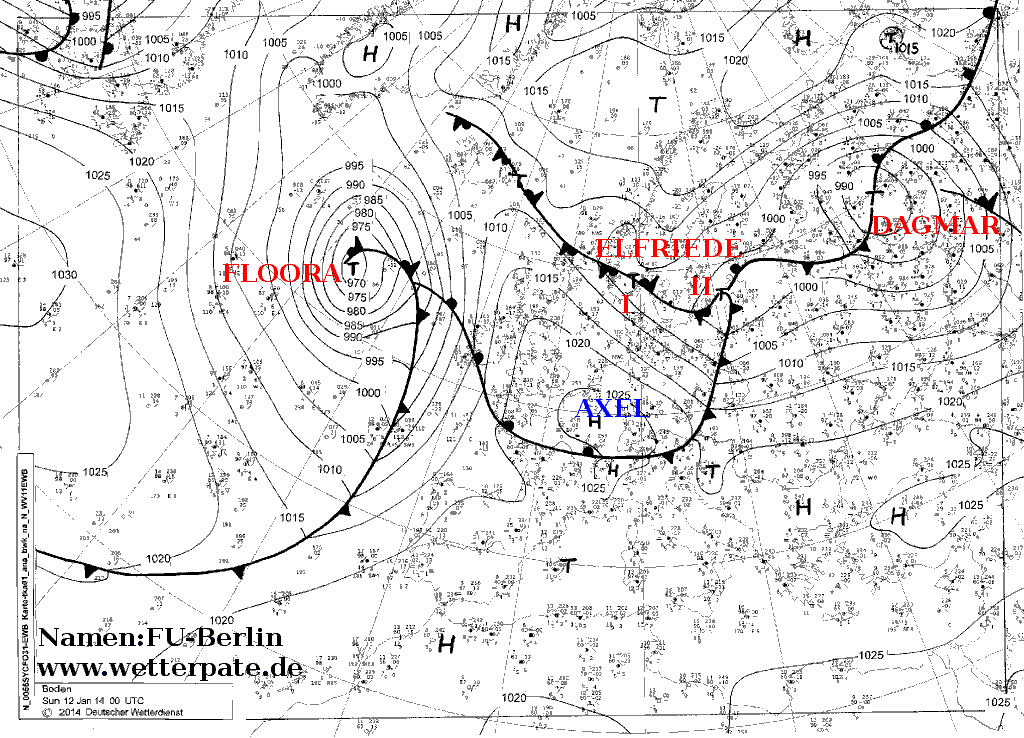 Análisis de superficie, 12.01.14, 14 UTC. Crédito: wetterzentrale.