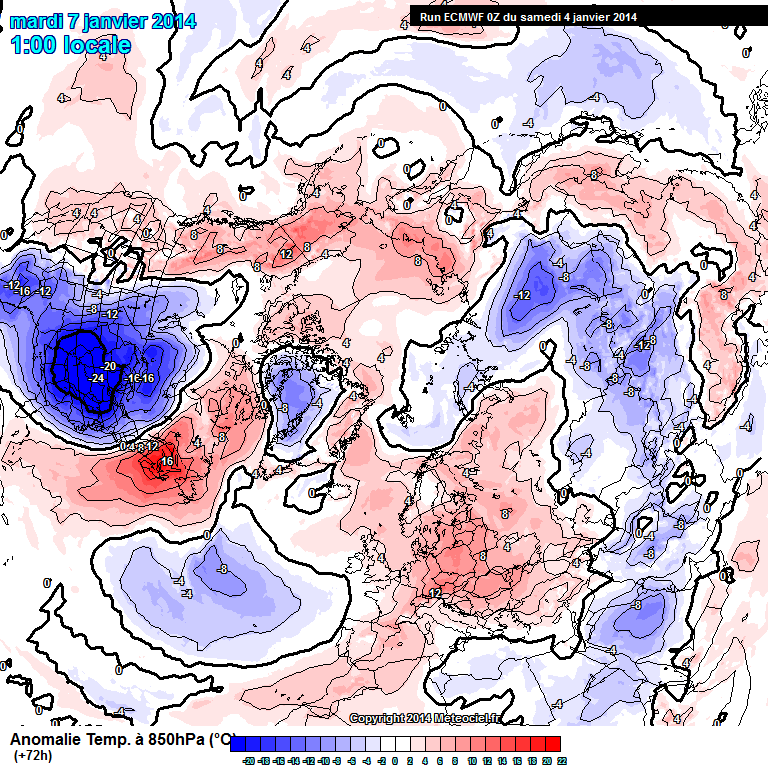 Anomalías de temperatura a 850 para el Hemisferio Norte, 07.01.14, 00 UTC. Modelo IFS.