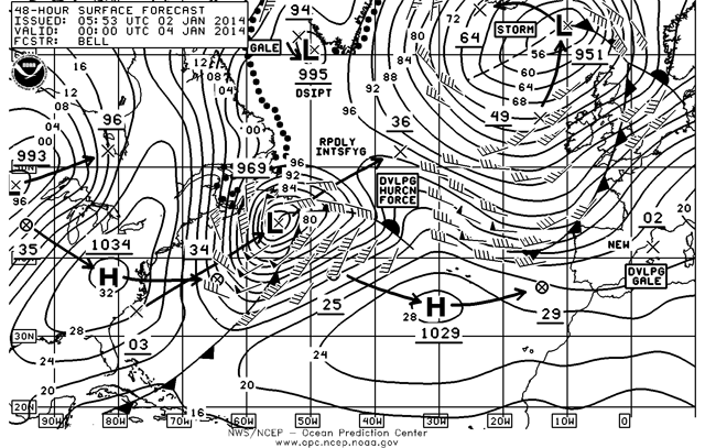 Análisis de superficie sobre el Atlántico Norte Occidental previsto para mañana. Crédito: OPC.