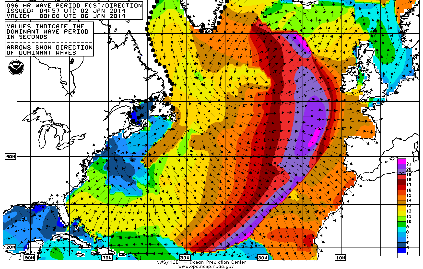 Dirección del oleaje y perido de ola dominante. Previsión para el 5 de enero. Crédito: OPC.