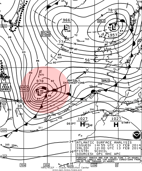 Análisis de superficie del Atlántico Norte hoy. Crédito: OPC.