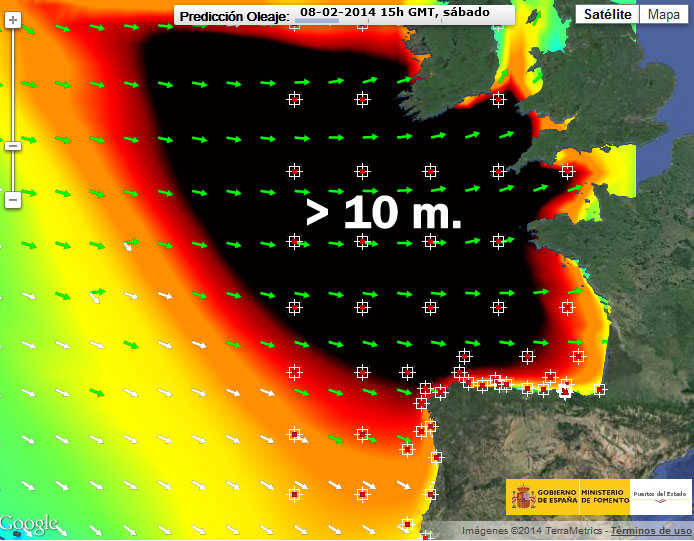 Predicción de oleaje, altura y dirección, para hoy a las 15 UTC. Crédito: Puerto del Estado.
